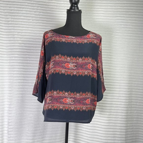 Club Monaco Tops - Club Monaco Blue Boho Floral Print Silk Short Sleeve Blouse